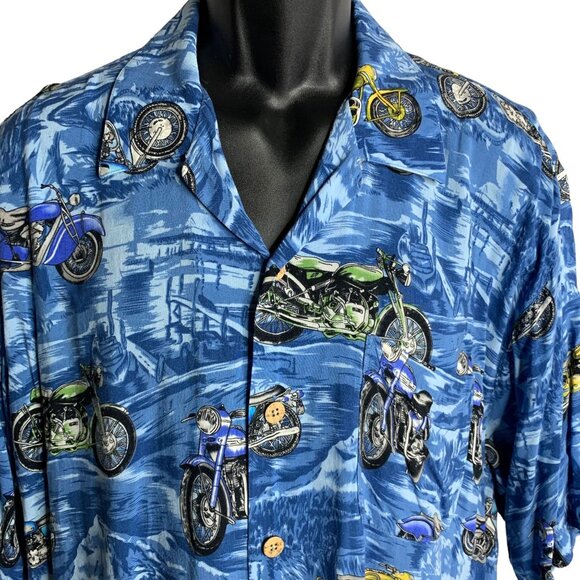 Vintage 90s Hawaiian Motorcycle Shirt XXL Blue Buttons Pocket Camp Short Sleeves - Picture 2 of 6